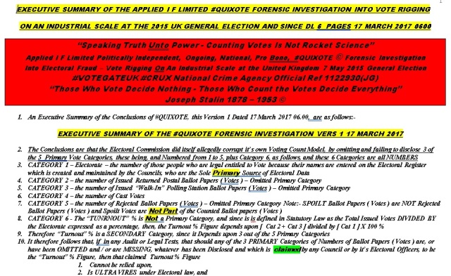EXECUTIVE SUMMARY OF THE APPLIED I F LIMITED #QUIXOTE FORENSIC INVESTIGATION INTO VOTE RIGGING ON AN INDUSTRIAL SCALE 17 MARCH 2017 0600